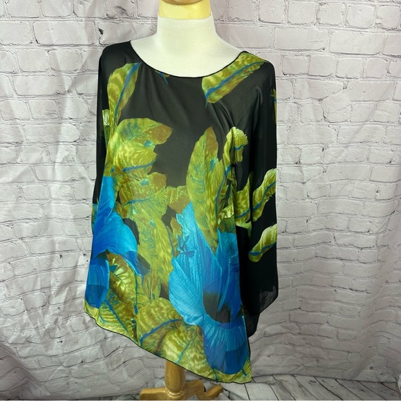 mirelle Blue tropical Floral print sheer Blouse kimono sleeve high low hem OS - Picture 1 of 7